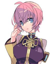 Rule 34 | 1girl, alternate hair length, alternate hairstyle, aqua nails, armband, black shirt, blue eyes, breasts, commentary, detached sleeves, gold trim, hand in own hair, head tilt, large breasts, looking ahead, megurine luka, nail polish, parted lips, pink hair, shirt, short hair, single detached sleeve, solo, upper body, vocaloid, white background, yoshiki