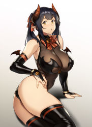 Rule 34 | 1girl, ass, bare shoulders, black hair, black leotard, black thighhighs, bracelet, breasts, bridal gauntlets, costume, covered navel, demon girl, demon horns, hair ribbon, head wings, highleg, highleg leotard, highres, horns, houtengeki, jewelry, large breasts, leotard, long hair, looking at viewer, open mouth, orange ribbon, original, pointy ears, ribbon, sidelocks, simple background, solo, thighhighs, thighs, twintails, white background, wings, yellow eyes
