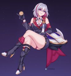 Rule 34 | 1girl, asymmetrical gloves, bare shoulders, black footwear, black gloves, breasts, coin, commentary, crossed legs, elbow gloves, gloves, grin, hair ornament, hand up, head tilt, high heels, highres, holding, holding coin, honkai: star rail, honkai (series), looking at viewer, medium breasts, multicolored hair, numby (honkai: star rail), purple eyes, red hair, short hair, smile, streaked hair, symoca, thighs, topaz (honkai: star rail), trotter (honkai: star rail), v-shaped eyebrows, white hair