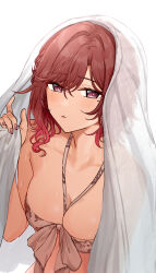 Rule 34 | 1girl, absurdres, bare shoulders, bed sheet, bikini, bikini top only, blush, breasts, brown eyes, brown hair, closed mouth, front-tie bikini top, front-tie top, hands up, highres, higuchi madoka, holding, idolmaster, idolmaster shiny colors, looking at viewer, medium breasts, mole, mole under eye, nonbire, see-through, see-through silhouette, short hair, sidelocks, simple background, solo, swept bangs, swimsuit, under covers, upper body, wet, white background