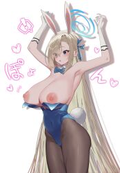Rule 34 | !, 1girl, absurdres, animal ears, aqua bow, aqua bowtie, aqua leotard, armpits, arms up, asuna (blue archive), asuna (bunny) (blue archive), asymmetrical bangs, bare shoulders, black pantyhose, blue archive, bow, bowtie, breasts, breasts out, commentary, covered navel, detached collar, fake animal ears, fake tail, gloves, hair over one eye, halo, heart, highres, huge breasts, leotard, leotard pull, light brown hair, long bangs, long hair, looking down, mole, mole on breast, nipples, outstretched arms, pantyhose, playboy bunny, rabbit ears, rabbit tail, seoki (hi3031), solo, sparkle, spoken exclamation mark, tail, very long hair, wardrobe malfunction, white gloves