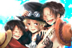 Rule 34 | 3boys, blonde hair, brothers, ascot, freckles, gloves, goggles, goggles on headwear, hat, highres, hug, jewelry, male focus, monkey d. luffy, multiple boys, necklace, one piece, portgas d. ace, red shirt, sabo (one piece), shirt, topless male, siblings, smile, stampede string, straw hat, tattoo, top hat