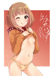 Rule 34 | 1girl, ;q, blunt bangs, blush, border, breasts, brown eyes, brown hair, brown panties, brown sweater, clothes lift, commentary request, cowboy shot, dated, gluteal fold, hands on own chest, highres, hood, hood down, idolmaster, idolmaster cinderella girls, kitami yuzu, lifting own clothes, long sleeves, looking at viewer, medium breasts, murabito c, navel, no bra, no pants, one eye closed, outside border, panties, plaid, red background, short hair, signature, solo, stomach, sweater, sweater lift, tongue, tongue out, underboob, underwear, white border