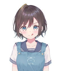 Rule 34 | 1girl, :q, apron, black hair, blue apron, blue eyes, blue sailor collar, closed mouth, commentary request, hair between eyes, highres, looking at viewer, original, sailor collar, school uniform, serafuku, shirt, short sleeves, simple background, single hair intake, smile, solo, tongue, tongue out, upper body, v-shaped eyebrows, white background, white shirt, yuna rebun
