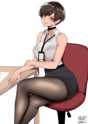 Rule 34 | 1girl, bare arms, bare shoulders, belt, black belt, black choker, black pantyhose, black skirt, breasts, brown hair, chair, choker, closed mouth, collared shirt, commentary, earrings, english commentary, highres, id card, jewelry, lanyard, large breasts, miniskirt, norman maggot, office chair, olive laurentia, original, pantyhose, paper, parted bangs, pencil skirt, pink lips, pixie cut, red eyes, shirt, short hair, signature, skirt, sleeveless, sleeveless shirt, swivel chair, table, thighs, white shirt