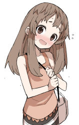 Rule 34 | 1girl, bag, bare arms, bare shoulders, blush, brown dress, brown eyes, brown hair, commentary request, copyright request, dress, flying sweatdrops, head tilt, highres, long hair, looking at viewer, nose blush, shoulder bag, simple background, sleeveless, sleeveless dress, solo, sweat, white background, yamamoto souichirou