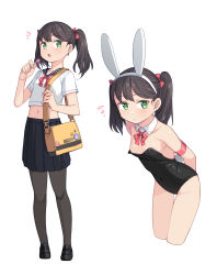 Rule 34 | 1girl, :o, animal ears, armband, arms behind head, bag, bare shoulders, black footwear, black hair, black leotard, black pantyhose, black skirt, bow, bowtie, breasts, candy, cropped legs, detached collar, fake animal ears, food, full body, green eyes, hairband, highres, leotard, lollipop, medium hair, midriff, multiple views, navel, original, pantyhose, playboy bunny, pleated skirt, rabbit ears, rabbit tail, red bow, red bowtie, saiste, school uniform, serafuku, shoes, short sleeves, shoulder bag, simple background, skirt, small breasts, tail, twintails, white background, white hairband