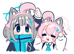 Rule 34 | 2girls, ahoge, animal ears, arms up, blue archive, blue eyes, blue halo, blue scarf, blush stickers, chest harness, closed eyes, closed mouth, collared shirt, commentary request, cross, cross hair ornament, fake animal ears, grey hair, hair flaps, hair ornament, halo, harness, highres, hoshino (blue archive), huge ahoge, inverted cross, kokumosu, long hair, long sleeves, multiple girls, open mouth, pink hair, pink halo, scarf, shiroko (blue archive), shirt, short hair, simple background, upper body, white background, white shirt, wolf ears, wolf girl