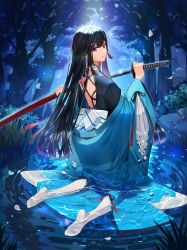 Rule 34 | 1girl, absurdres, backless outfit, black hair, flower, highres, japanese clothes, kimono, layered clothes, layered kimono, long hair, long sleeves, no shoes, purple eyes, simanerikotton, sword, thighhighs, very long hair, water, weapon, white thighhighs, wide sleeves