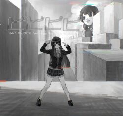 Rule 34 | 1girl, 1other, ambiguous gender, animegao, be be be be (cevio), blazer, bow, bowtie, building, character name, city, cloud, commentary request, cosplay, day, expressionless, fingers to head, giant, glitch, greyscale, hands up, highres, index fingers raised, jacket, kigurumi, legs apart, loafers, long hair, long sleeves, looking at viewer, monochrome, nazono mito, nijisanji, open mouth, outdoors, plaid, plaid skirt, pleated skirt, popogano, school uniform, shoes, skirt, smile, song name, standing, sweater, thighhighs, tsukino mito, tsukino mito (1st costume), virtual youtuber