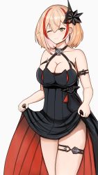 Rule 34 | 1girl, armband, azur lane, black dress, blonde hair, blush, breasts, cleavage, clothes lift, collarbone, cross, dress, dress lift, earrings, hair ornament, highres, jewelry, large breasts, looking at viewer, multicolored hair, one eye closed, oreon z, red hair, roon (azur lane), roon (dark red grin) (azur lane), short hair, sleeveless, sleeveless dress, smile, standing, streaked hair, thigh strap, two-tone hair, white background, wink, yellow eyes