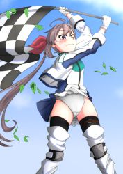 Rule 34 | 1girl, absurdres, akebono (kancolle), black thighhighs, blue sky, boots, cameltoe, cloud, day, dress, flag, gloves, grey hair, hair ornament, highres, holding, holding flag, jacket, kantai collection, kirisame0729, long hair, official alternate costume, one eye closed, open clothes, open jacket, outdoors, panties, purple eyes, race queen, short dress, side ponytail, sky, solo, thigh boots, thighhighs, thighhighs under boots, underwear, very long hair, white footwear, white gloves, white panties