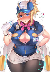 Rule 34 | 1girl, ?, absurdres, ahoge, alternate costume, artoria pendragon (fate), baseball cap, black pantyhose, blonde hair, blue eyes, blue shirt, bottle, breast pocket, breasts, cleavage, cowboy shot, curvy, fate/grand order, fate (series), gloves, hair through headwear, hand on own hip, hat, highres, holding, holding bottle, id card, large breasts, muyoshito, mysterious heroine x (fate), mysterious heroine xx (fate), mysterious heroine xx (festival outfit) (fate), pantyhose, partially unbuttoned, pocket, ponytail, shirt, short shorts, short sleeves, shorts, simple background, solo, standing, sweat, thick thighs, thighs, water bottle, white background, white gloves, white hat, white shorts, wide hips, yoshito (muyoshito207)
