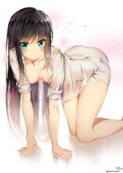 Rule 34 | 10s, 1girl, all fours, aqua eyes, asashio (kancolle), ass, blush, bottomless, breasts, breasts apart, brown hair, closed mouth, dress, eyes visible through hair, female focus, green eyes, highres, kantai collection, legs together, long hair, looking at viewer, no bra, nyum, original, pout, see-through, simple background, sleeves rolled up, small breasts, solo, sparkle, water