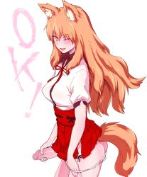 Rule 34 | 1futa, ;d, animal ears, ass, commentary request, cowboy shot, fate/grand order, fate (series), fox ears, fox tail, from side, futanari, hakama, hakama short skirt, hakama skirt, higata akatsuki, holding, japanese clothes, long hair, looking at viewer, one eye closed, open mouth, orange eyes, orange hair, panties, panty pull, penis, penis grab, pulling own clothes, red scrunchie, scrunchie, simple background, skirt, smile, solo, suzuka gozen (fate), tail, third-party edit, uncensored, underwear, white background, wrist scrunchie