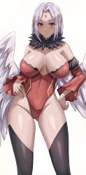 Rule 34 | 1girl, absurdres, bare shoulders, black thighhighs, blush, breasts, breasts apart, brown eyes, cleavage, closed mouth, collarbone, covered navel, curvy, detached sleeves, facial mark, feathered wings, feathers, feet out of frame, forehead mark, frey (tensei shitara slime datta ken), fur collar, gluteal fold, groin, hand on own hip, hands on own hips, highleg, highleg leotard, highres, jasony, large breasts, leotard, light blush, long sleeves, red leotard, short hair, silver hair, simple background, smile, solo, standing, strapless, strapless leotard, tensei shitara slime datta ken, thighhighs, thighs, white background, white feathers, white wings, wings, yellow eyes