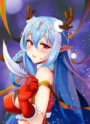 Rule 34 | 1girl, bare shoulders, blue hair, blush, bow, braid, breasts, christmas, christmas tree costume, earrings, elf, hair bow, hair ribbon, highres, horns, horns through headwear, jewelry, long hair, looking at viewer, open mouth, original, pointy ears, purple eyes, ribbon, simple background, snowflakes, solar (happymonk), solo