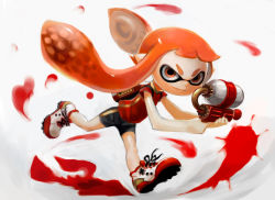 Rule 34 | 1girl, alternate color, backpack, bag, bike shorts, commentary, eyebrows, famicom, flat chest, full body, game console, hiro1984, ink tank (splatoon), inkling, inkling girl, inkling player character, long hair, looking at viewer, matching hair/eyes, monster girl, nintendo, orange eyes, orange hair, pointy ears, running, shirt, shoes, short hair with long locks, sneakers, solo, splatoon (series), splatoon 1, super soaker, t-shirt, tentacle hair, twintails