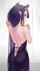 Rule 34 | 1girl, absurdres, ass, back, back focus, bare shoulders, black dress, blue eyes, blush, breasts, dress, gradient hair, highres, hololive, hololive english, long hair, looking at viewer, looking back, multicolored hair, ninomae ina&#039;nis, ninomae ina&#039;nis (1st costume), orange hair, pointy ears, purple hair, sidelocks, small breasts, solo, somebody (leiking00), strapless, strapless dress, tentacle hair, tube dress, very long hair, virtual youtuber