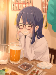 Rule 34 | 1girl, beer mug, black hair, blush, closed eyes, commentary request, cup, glasses, hands on own chin, head rest, highres, indoors, long sleeves, mug, original, retsumaru, shirt, sitting, smile, solo, table, teeth, white shirt