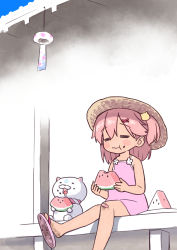 Rule 34 | 1girl, bandaid, bandaid on knee, bandaid on leg, bruise, cat, cat hair ornament, child, dirty, dirty feet, dress, eating, food, food on face, fruit, hair ornament, hat, highres, hololive, injury, one side up, pink dress, pink hair, sabaku chitai, sakura miko, sitting, solo, sun hat, tan, tanline, virtual youtuber, watermelon, wind chime, aged down