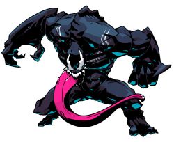 Rule 34 | 1boy, claws, fighting stance, male focus, marvel, monster, muscular, open mouth, sharp teeth, sido (slipknot), simple background, solo, spider-man (series), standing, teeth, tongue, venom (marvel), white background