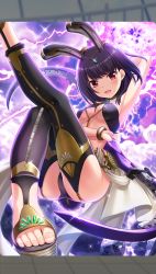 Rule 34 | 1girl, alternative girls, animal ears, armpits, ass, black hair, black legwear, breasts, cleavage, highres, holding, holding weapon, lightning, looking at viewer, medium hair, official art, onitsuka chiho, open mouth, rabbit ears, rabbit tail, red eyes, smile, solo, tail, weapon