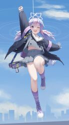 Rule 34 | 1girl, absurdres, ahoge, arm up, backpack, bag, black neckerchief, blue archive, blue hair, blue jacket, blue sky, cloud, commentary, full body, gaoqiaoyuyin takahashi, grey shirt, grey skirt, hair between eyes, halo, highres, jacket, jumping, legs, long sleeves, low twintails, medium hair, midriff, multicolored hair, navel, neckerchief, one eye closed, open mouth, pink hair, pleated skirt, purple footwear, reisa (blue archive), sailor collar, shirt, shoes, skirt, sky, skyline, smile, sneakers, socks, stomach, striped clothes, striped socks, teeth, thighs, twintails, two-tone hair, upper teeth only, white sailor collar