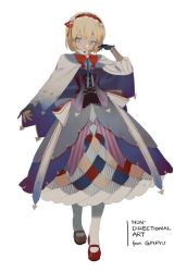 Rule 34 | 1girl, alice margatroid, alternate costume, blonde hair, blue eyes, bow, capelet, corset, dress, english text, expressionless, full body, gloves, hairband, layered dress, long sleeves, looking to the side, mary janes, rei (sanbonzakura), ribbon, shoes, short hair, simple background, solo, text focus, touhou, white background, white legwear