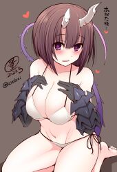 Rule 34 | + +, 1girl, bikini, blush, bob cut, breasts, broken horn, brown background, brown hair, collarbone, commentary request, dated, eriko (princess connect!), gauntlets, hands on own chest, horns, large breasts, looking at viewer, navel, princess connect!, purple eyes, serebi ryousangata, short hair, side-tie bikini bottom, simple background, sitting, solo, swimsuit, tail, twitter username, white background, white horns
