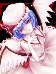 Rule 34 | 1girl, bat wings, black background, blouse, cofi (eternal), dutch angle, female focus, finger to mouth, hat, hat ribbon, light purple hair, lips, looking at viewer, red background, red eyes, remilia scarlet, ribbon, shirt, short hair, skirt, solo, touhou, wings