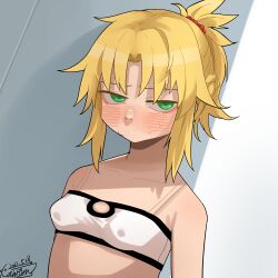 Rule 34 | 1girl, bandeau, blonde hair, blush, breasts, closed mouth, dated, fate/apocrypha, fate/grand order, fate (series), green eyes, guman project, hair ornament, hair scrunchie, highres, looking at viewer, mordred (fate), mordred (fate/apocrypha), paid reward available, ponytail, red scrunchie, scrunchie, signature, simple background, small breasts, solo, sweat, upper body, white bandeau