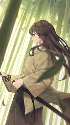 Rule 34 | 1girl, absurdres, alternate costume, bamboo, bamboo forest, brown hair, brown hakama, falling leaves, floating hair, forest, from side, hakama, highres, holding, holding sword, holding weapon, idolmaster, idolmaster cinderella girls, japanese clothes, katana, leaf, long hair, looking ahead, nature, outdoors, profile, samurai, sanpo (sanpo 1027), sheath, solo, sword, takamori aiko, unsheathing, very long hair, weapon