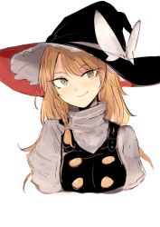 Rule 34 | 1girl, black hat, black vest, blonde hair, bow, braid, buttons, closed mouth, double-breasted, green eyes, grey shirt, hat, hat bow, highres, kirisame marisa, long hair, looking at viewer, necro (nekurodayo), puffy short sleeves, puffy sleeves, shirt, short sleeves, side braid, simple background, smile, solo, touhou, vest, white background, white bow, witch hat