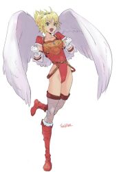 1girl angel_wings armor artist_name blonde_hair boots breath_of_fire breath_of_fire_i collarbone elbow_gloves feathered_wings full_body gloves green_eyes hairband knee_boots leotard looking_at_viewer nina_(breath_of_fire_i) open_mouth red_leotard short_hair simple_background smile solo thighhighs tombiiwa white_background white_wings wings