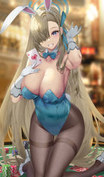 Rule 34 | 1girl, absurdres, animal ears, asuna (blue archive), asuna (bunny) (blue archive), bare shoulders, blue archive, blue bow, blue bowtie, blue eyes, blue leotard, blush, bow, bowtie, breasts, brown pantyhose, card, cleavage, covered navel, detached collar, elbow gloves, fake animal ears, gloves, grin, hair over one eye, highleg, highleg leotard, highres, kneeling, large breasts, leotard, light brown hair, long hair, looking at viewer, mole, mole on breast, official alternate costume, open mouth, pantyhose, playboy bunny, playing card, poker chip, rabbit ears, smile, solo, thighs, white gloves, yoshimoto (dear life)