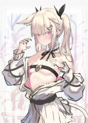 Rule 34 | 1girl, albino (vocaloid), animal ear fluff, animal ears, belt, belt bra, black nails, blush, breasts, cat ears, cat tail, choker, commentary request, detached collar, dress, ear piercing, earrings, full-length zipper, hair ornament, hairclip, heart, heart earrings, jewelry, koga taiga, lock, looking at viewer, nail polish, off shoulder, padlock, piercing, platinum blonde hair, red eyes, ribbon choker, slit pupils, small breasts, solo, standing, tail, underboob, upper body, vocaloid, white dress, zipper, zipper pull tab