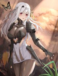 Rule 34 | 1girl, absurdres, armor, armored gloves, bandaged head, bandages, black gloves, bodystocking, bodysuit, breasts, bug, butterfly, cleavage, cloud, cloudy sky, fingerless gloves, gloves, goddess of victory: nikke, grey hair, hair ribbon, highres, insect, large breasts, light blush, long hair, mecha musume, modernia (nikke), outdoors, red eyes, ribbon, rjh5820, see-through, see-through cleavage, shoulder armor, sidelocks, sky, solo, yellow ribbon