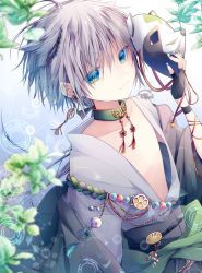 Rule 34 | 1boy, blue eyes, character mask, ear piercing, grey hair, highres, japanese clothes, kimono, looking to the side, male focus, mask, nail polish, open clothes, original, pale skin, piercing, ponixponi, tanuki, white hair