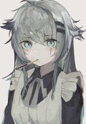 Rule 34 | 1girl, alternate costume, apron, arknights, black dress, blue eyes, bow, closed mouth, collared dress, commentary request, dress, enmaided, food, food in mouth, frilled apron, frills, grey background, grey bow, grey hair, hair between eyes, hair ornament, hairclip, highres, lappland (arknights), linchuanzelaip, long hair, maid, maid apron, mouth hold, pocky, simple background, solo, upper body, white apron