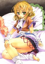 Rule 34 | 1girl, arm warmers, bad id, bad pixiv id, barefoot, bed, blonde hair, artistic error, feet, female focus, frilled pillow, frills, green eyes, hair in own mouth, half updo, leg warmers, lying, marker (medium), mizuhashi parsee, mouth hold, pillow, pointy ears, shie, shie (m417), solo, toeless legwear, touhou, traditional media