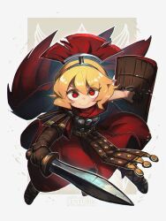 Rule 34 | 1girl, absurdres, armor, blonde hair, borrowed character, brown gloves, cape, centurii-chan, full body, gladius, gloves, greco-roman clothes, highres, holding, holding shield, holding sword, holding weapon, legionnaire, looking at viewer, original, plume, porforever, pteruges, red eyes, roman armor, roman clothes, roman empire, shield, short hair, single glove, solo, sword, weapon