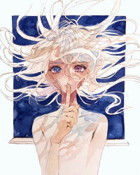 Rule 34 | 1girl, absurdres, aqua background, blue eyes, finger to mouth, floating hair, heterochromia, highres, looking at viewer, open window, original, painting (medium), portrait, purple eyes, shushing, simple background, solo, srnmomo, traditional media, upper body, watercolor (medium), white hair, window