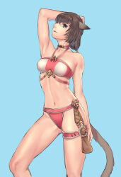 Rule 34 | 1girl, animal ears, arm up, adventurer (ff11), bare arms, bare shoulders, bikini, black hairband, blue eyes, breasts, brown hair, brown tail, cactus41747280, cat ears, cat girl, cat tail, choker, collarbone, final fantasy, final fantasy xi, hairband, halterneck, highres, blue background, medium breasts, medium hair, midriff, mithra (ff11), navel, open mouth, pink bikini, pink choker, solo, swimsuit, tail, two-tone bikini, two-tone choker, white bikini, white choker