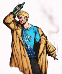 Rule 34 | 1boy, bad id, bad twitter id, beard stubble, bottle, clothes writing, coat, constantine, facial hair, feet out of frame, highres, holding, holding bottle, john constantine, l.r.silva, looking at viewer, male focus, off shoulder, pants, short hair, smoke, solo, standing, stubble, thick eyebrows, tongue, tongue out, wine bottle