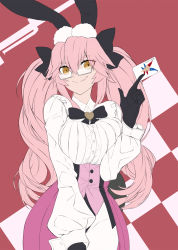 Rule 34 | 1girl, animal ear fluff, animal ears, black bow, black gloves, blush, bow, breasts, card, collared shirt, corset, dress shirt, fate/grand order, fate (series), fox tail, glasses, gloves, hair between eyes, hair bow, highres, koyanskaya (assassin) (second ascension) (fate), koyanskaya (fate), large breasts, long hair, long sleeves, looking at viewer, mrnn, pantyhose, pink hair, playing card, rabbit ears, shirt, sidelocks, smile, solo, tail, twintails, underbust, white pantyhose, white shirt, yellow eyes