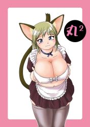 Rule 34 | 1girl, animal ears, blonde hair, blue eyes, blush, breasts, cat ears, cat tail, cleavage, curvy, fat, highres, huge breasts, katou (katohayabusa), long hair, maid, plump, ribbon, solo, tail, thighhighs