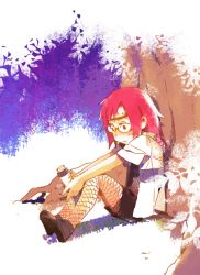 Rule 34 | 1girl, against tree, aged down, female focus, fishnets, forehead protector, full body, glasses, karin (naruto), naruto (series), naruto shippuuden, red hair, scroll, shorts, sitting, smile, solo, tree, vraqui