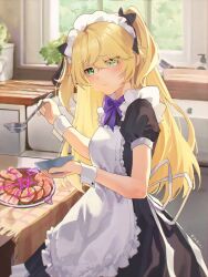 Rule 34 | 1girl, alternate costume, apron, black dress, blonde hair, bow, bowtie, breasts, cooking, cuff links, dress, fischl (genshin impact), frilled apron, frills, genshin impact, green eyes, highres, holding, holding ladle, kitchen, ladle, long hair, maid, plant, plate, potted plant, purple bow, purple bowtie, shiny skin, sliced meat, small breasts, solo, table, two side up, white apron, window, yukiri (l ii)