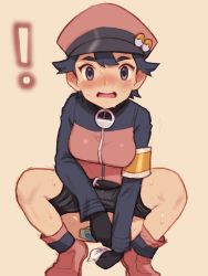 Rule 34 | !, 1girl, 2equal8, ass, belt, bike shorts, black hair, boots, breasts, cleaning, commentary, creatures (company), game freak, gloves, hat, highres, looking at viewer, mole, mole under eye, nintendo, open mouth, peaked cap, pokemon, pokemon masters ex, pokemon ranger (pokemon), short hair, shorts, simple background, solo, sweat, uniform, wiping